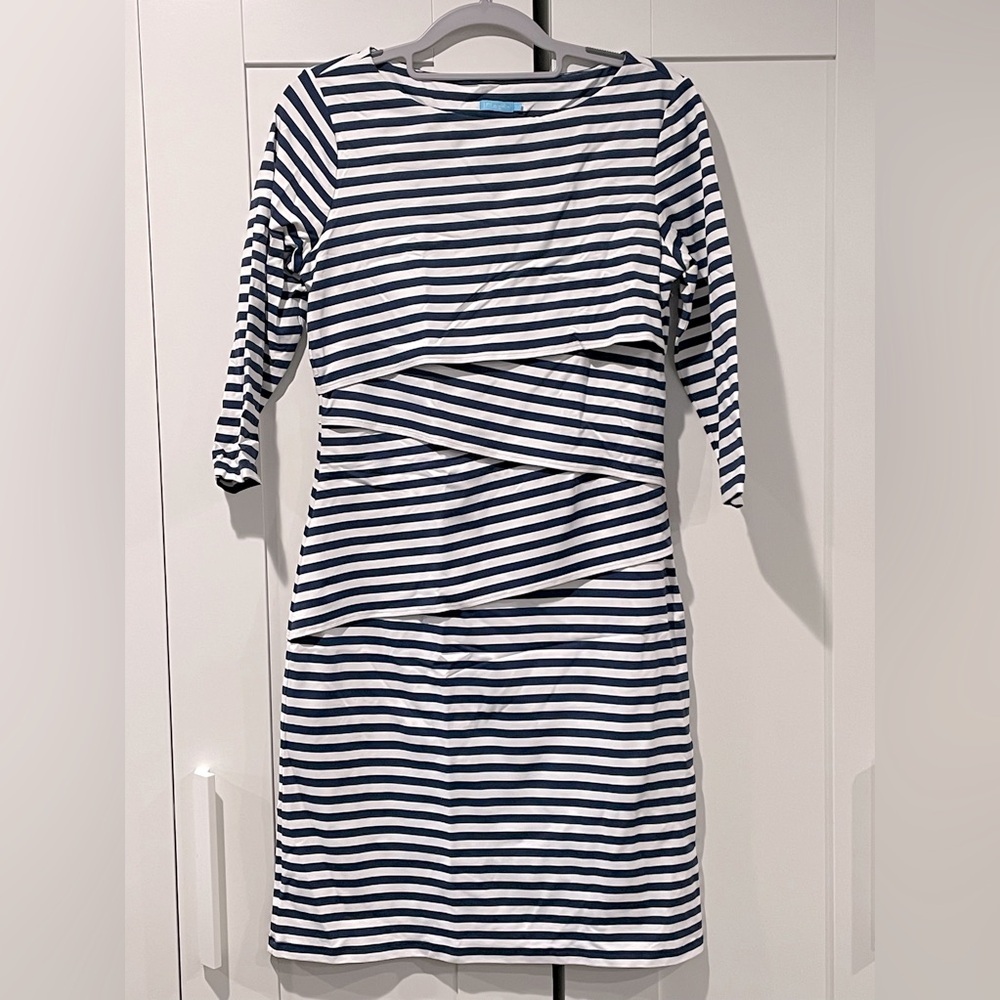 J. McLaughlin Catalina Cloth Layered Nicola Blue & White Stripped SM 3/4 Sleeve